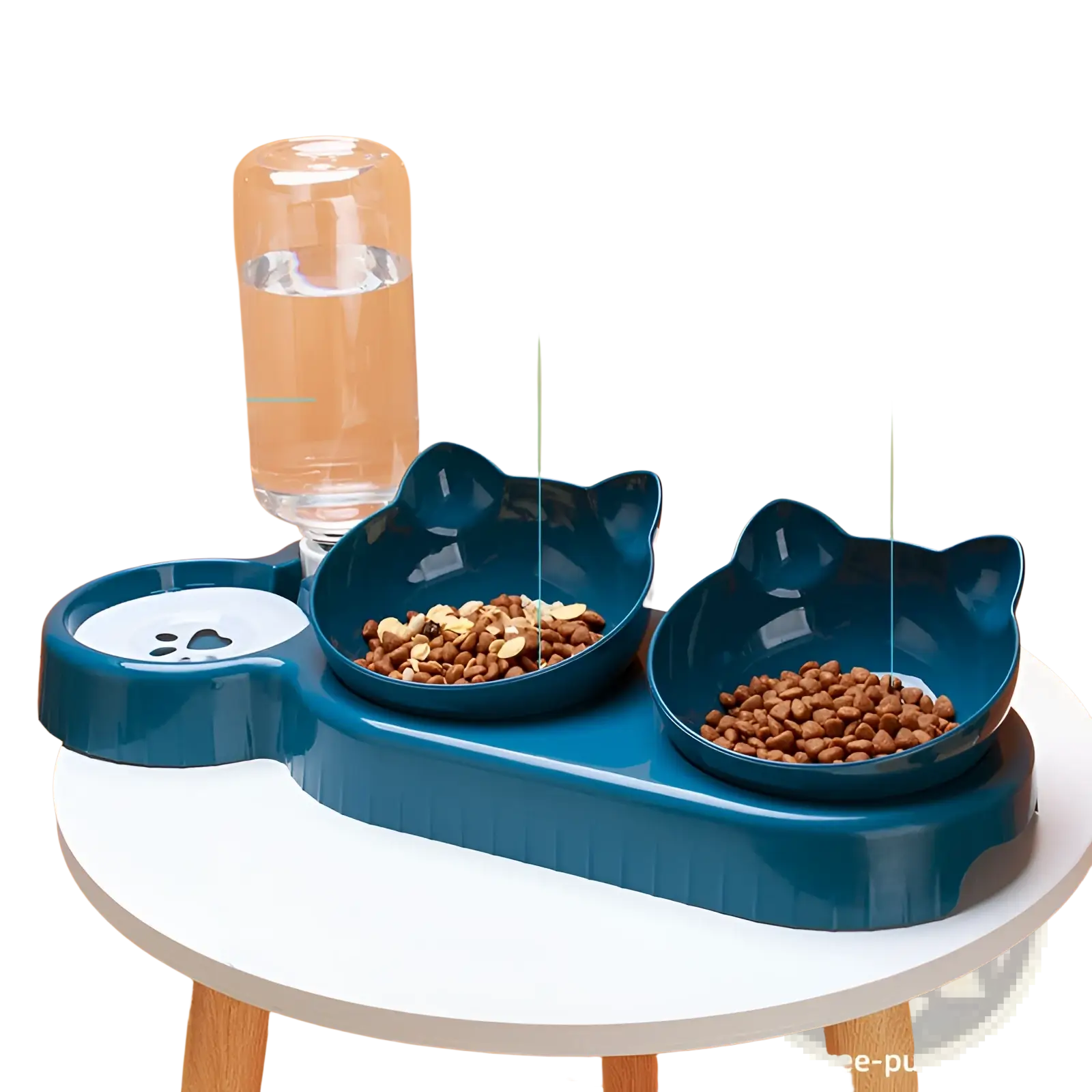 Orthopedic blue cat feeder with automatic waterer featuring separate bowls for water treats and main food
