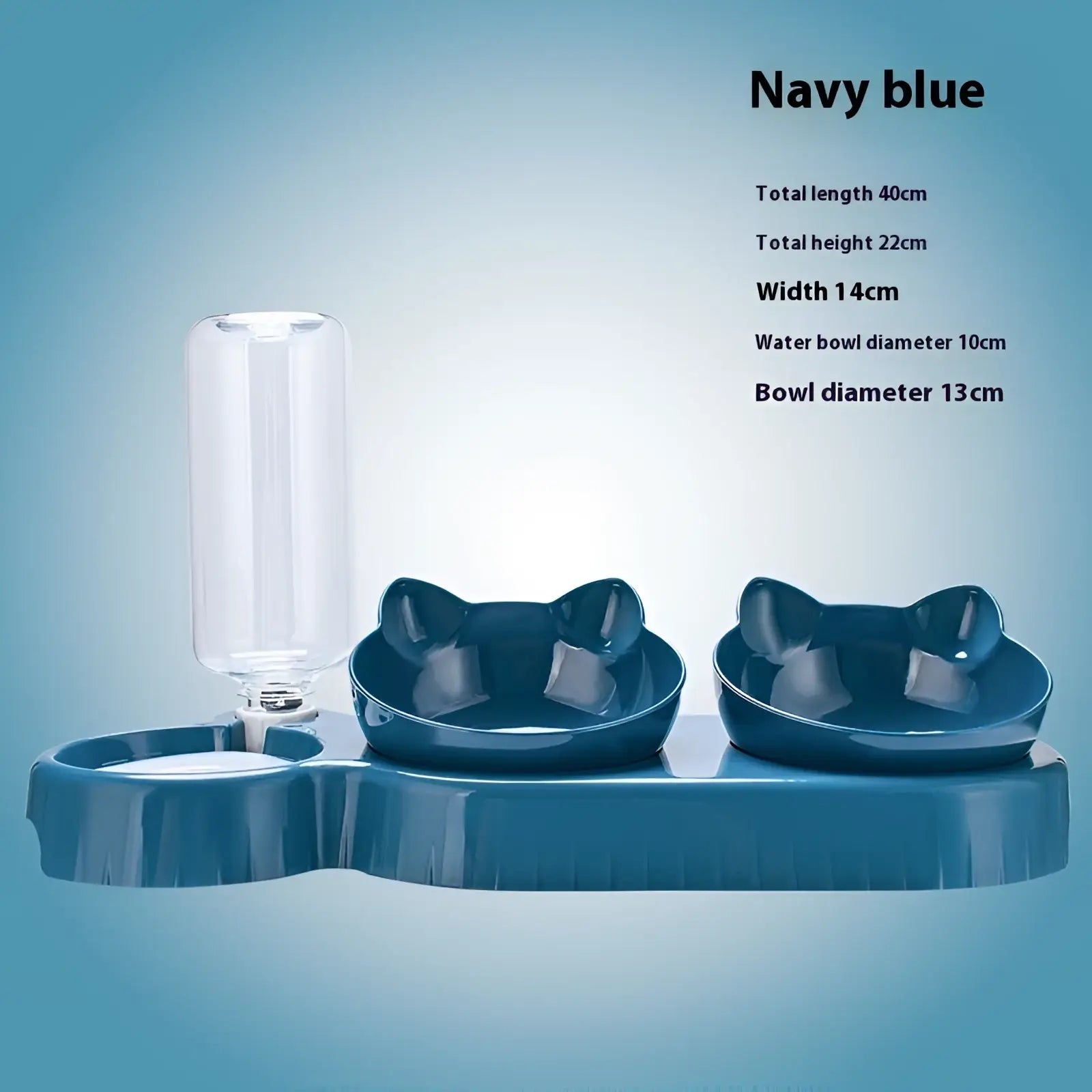 Navy blue orthopedic cat feeder with automatic waterer bowl set featuring two ceramic bowls and a clear water bottle