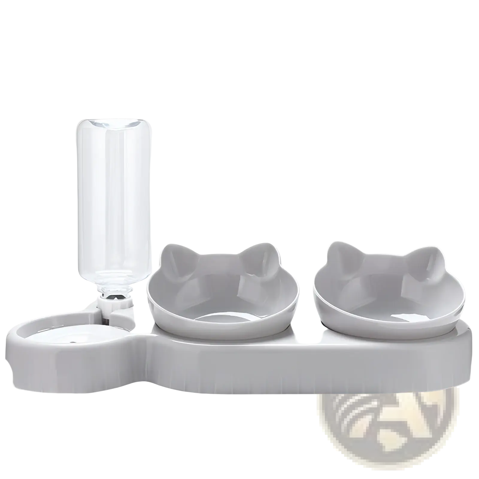 Light grey orthopedic cat feeder with two cat-shaped bowls and a clear automatic water bottle for pets