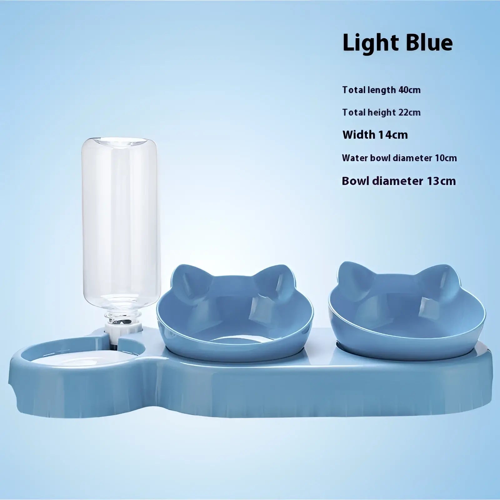 Light blue cat-shaped orthopedic feeder with two bowls and clear automatic water bottle for pet hydration