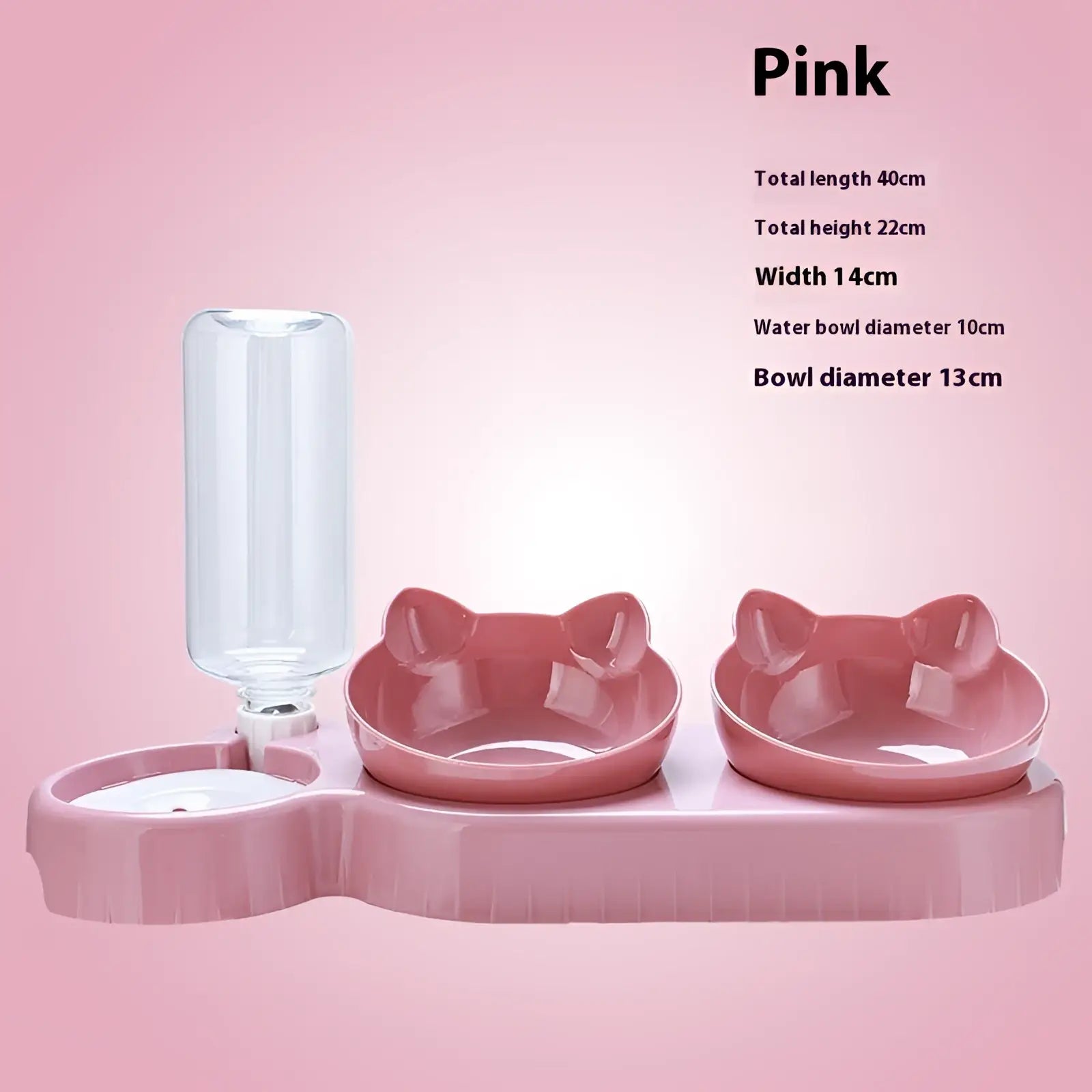 Orthopedic pink plastic cat feeder with two cat ear shaped bowls and clear glass automatic water bottle