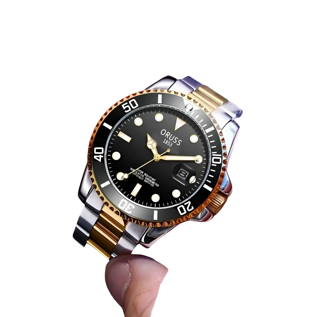 Oruss two tone stainless steel quartz men watch with gold accents black dial luminous markers and unidirectional bezel