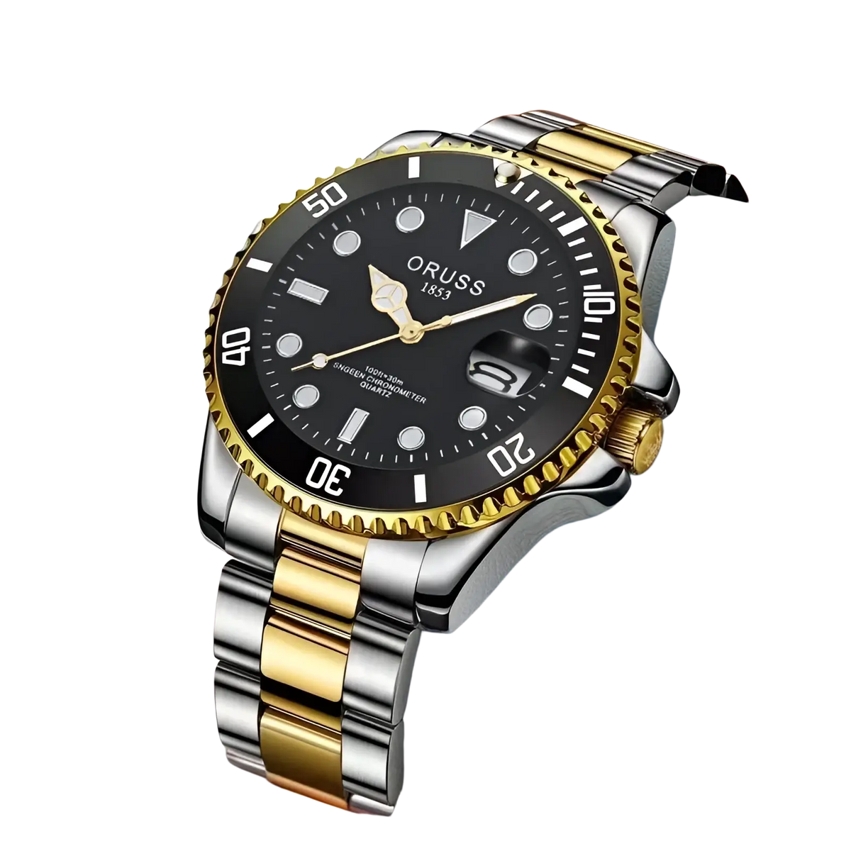 Oruss two tone stainless steel quartz men watch with black dial luminous markers gold accents and date window