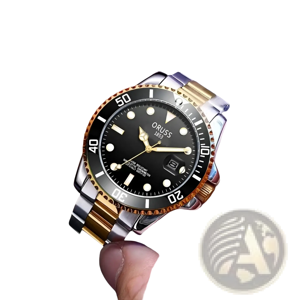 Oruss two tone stainless steel quartz men watch with gold accents black dial luminous markers and unidirectional bezel