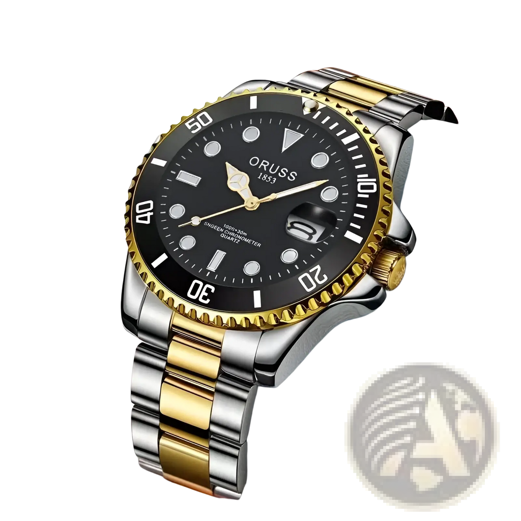 Oruss two tone stainless steel quartz men watch with black dial luminous markers gold accents and date window