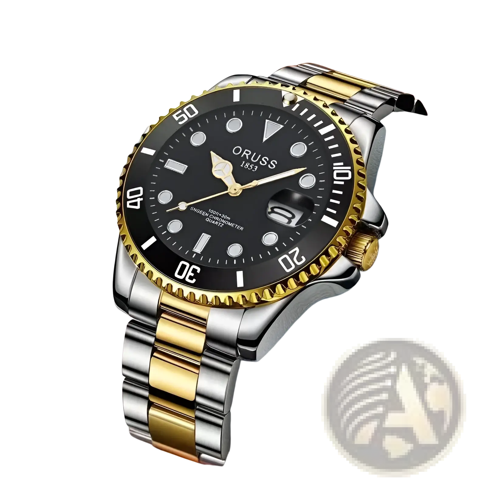 Oruss two tone stainless steel quartz men watch with black dial luminous markers gold accents and date window