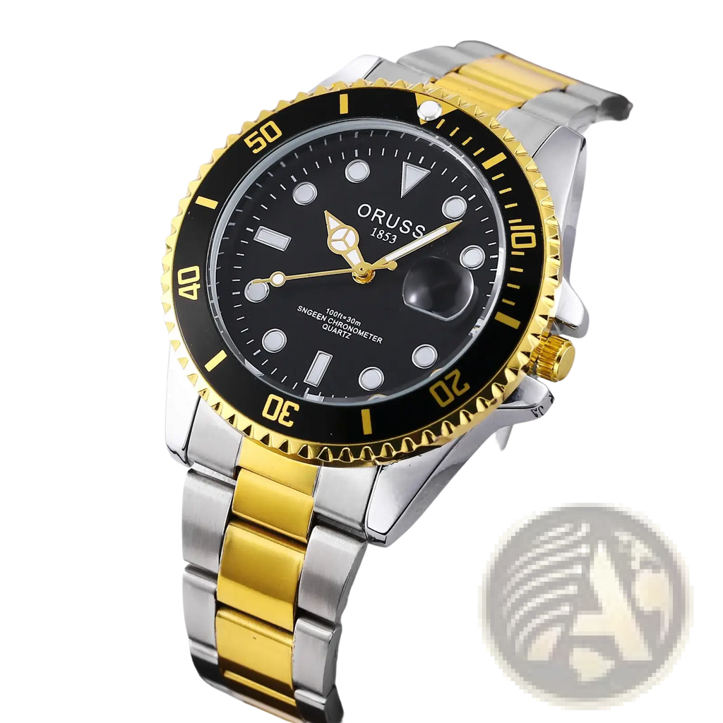 Oruss two tone stainless steel quartz men watch with gold and silver band, black dial, white markers, and gold bezel