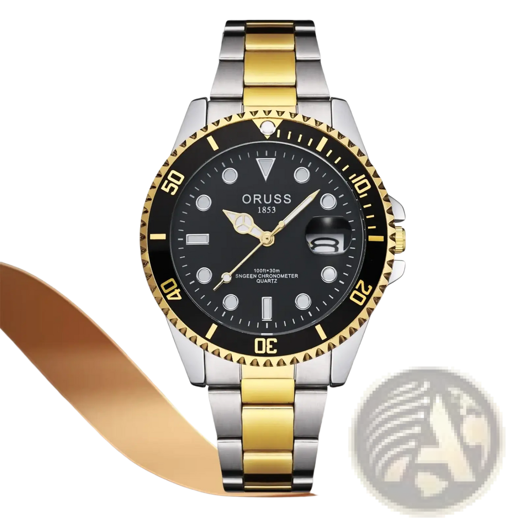 A sleek two tone stainless steel and gold quartz men watch with a black dial featuring the Oruss 1853 brand name