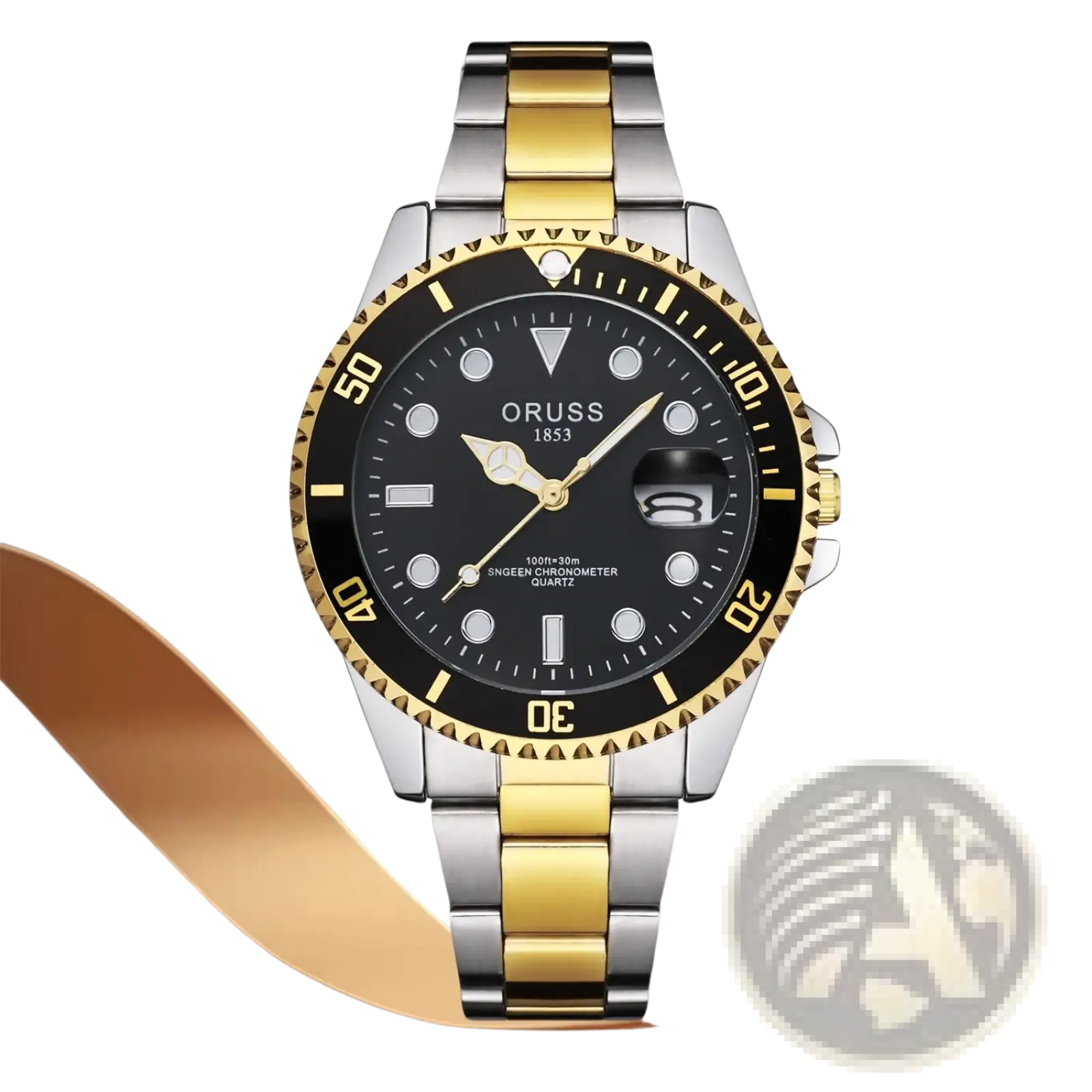 A sleek two tone stainless steel and gold quartz men watch with a black dial featuring the Oruss 1853 brand name