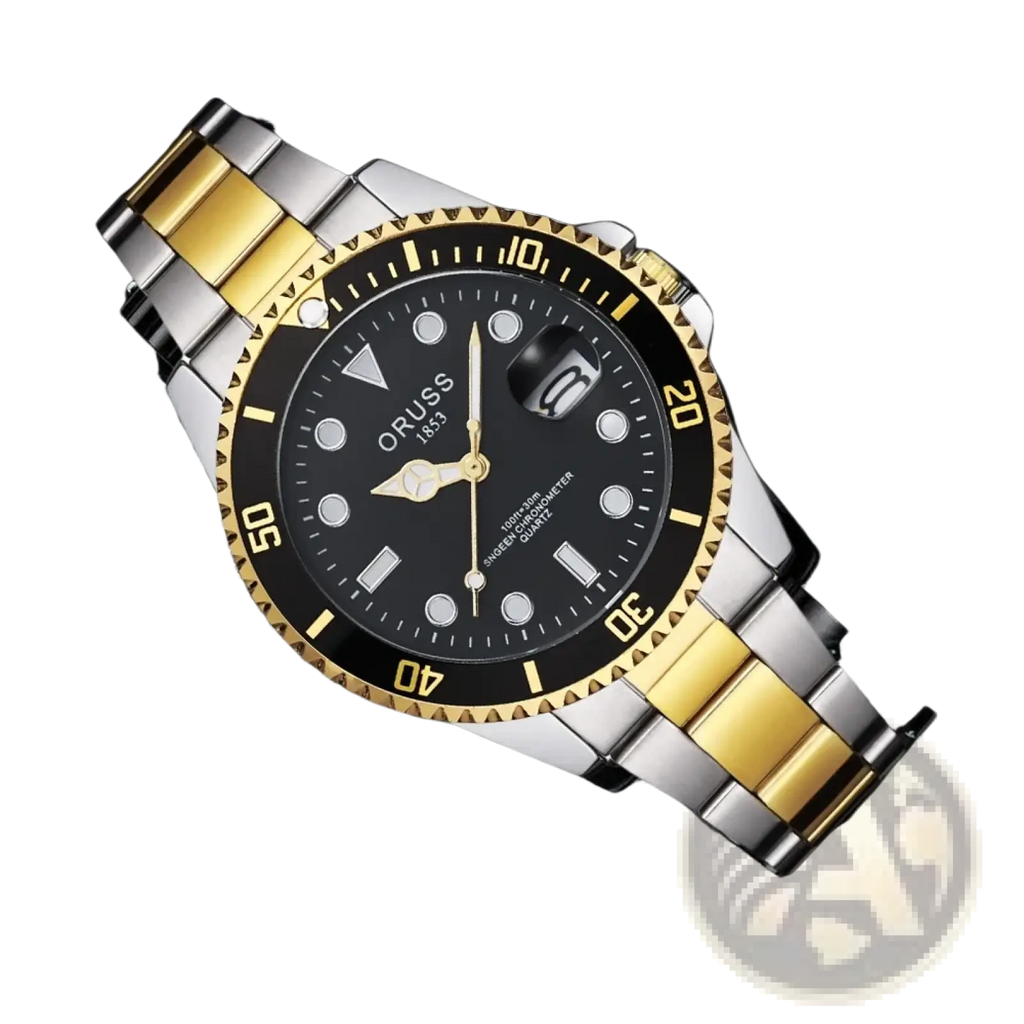 Oruss two tone stainless steel quartz men watch with a black dial white hour markers and yellow gold bezel