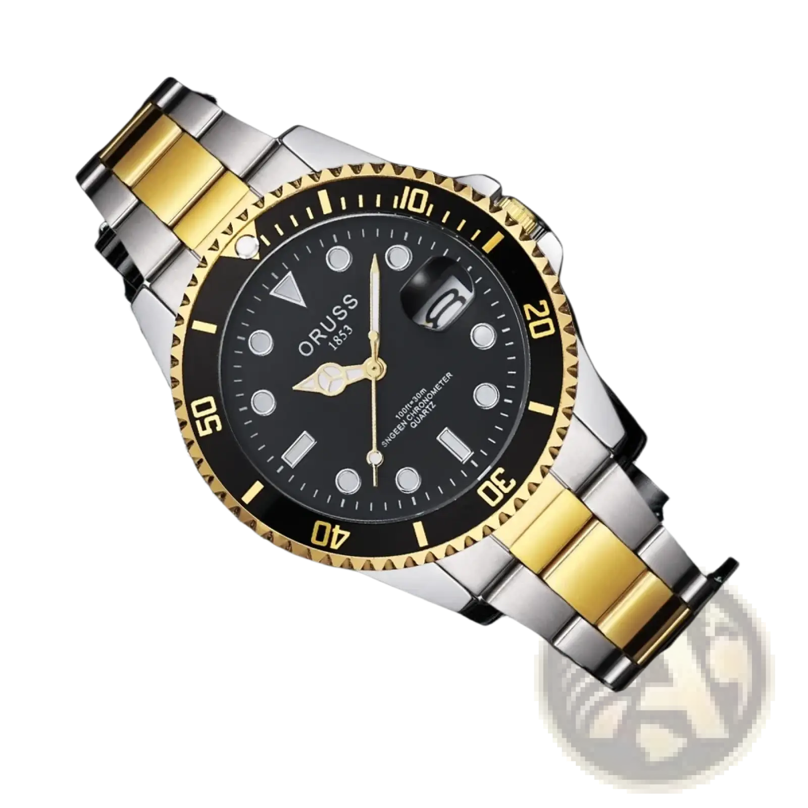 Oruss two tone stainless steel quartz men watch with a black dial white hour markers and yellow gold bezel