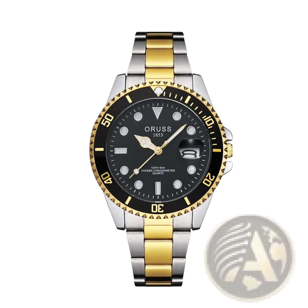 Oruss two tone stainless steel quartz men watch with black dial luminous markers and date window
