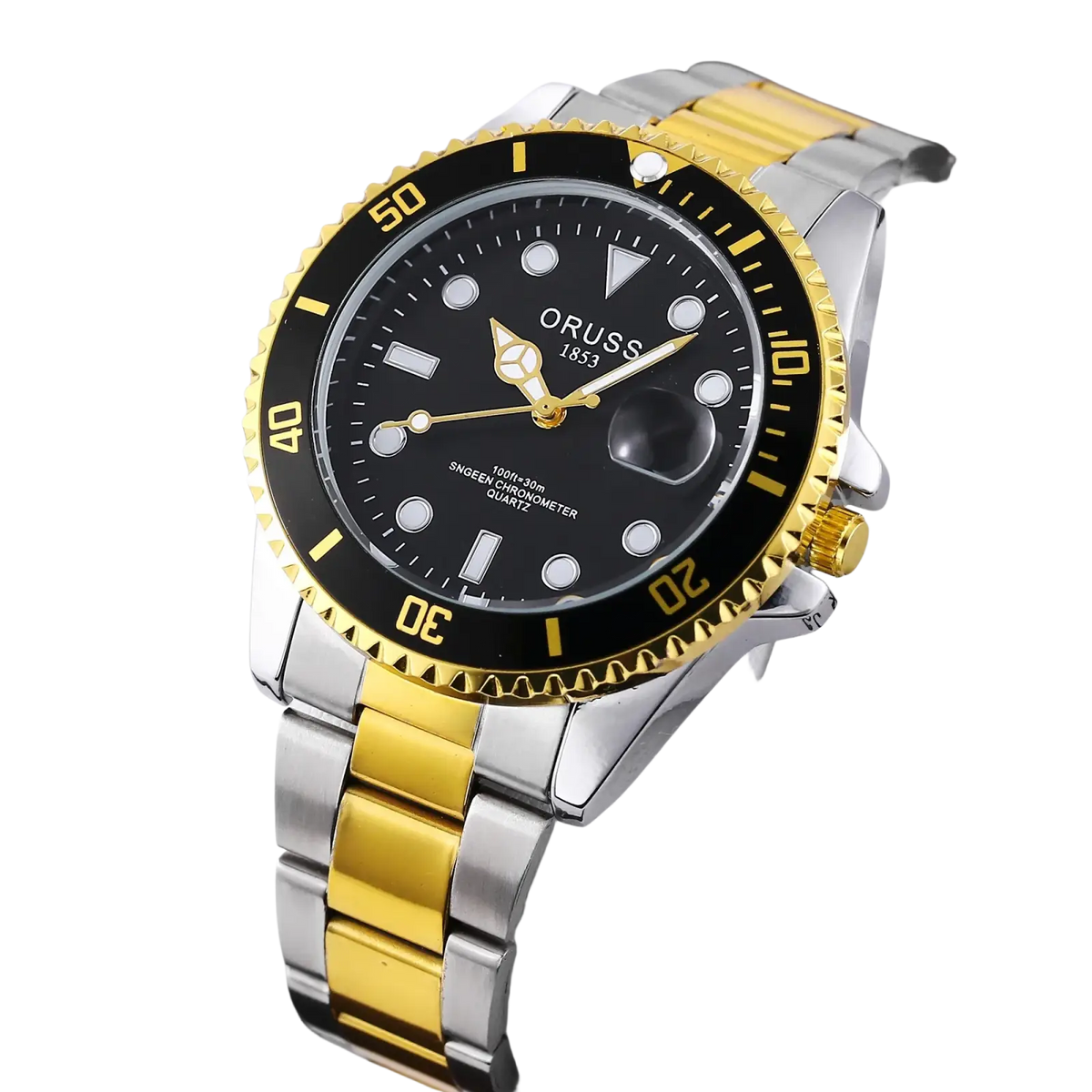 Oruss two tone stainless steel quartz men watch with gold and silver band, black dial, white markers, and gold bezel