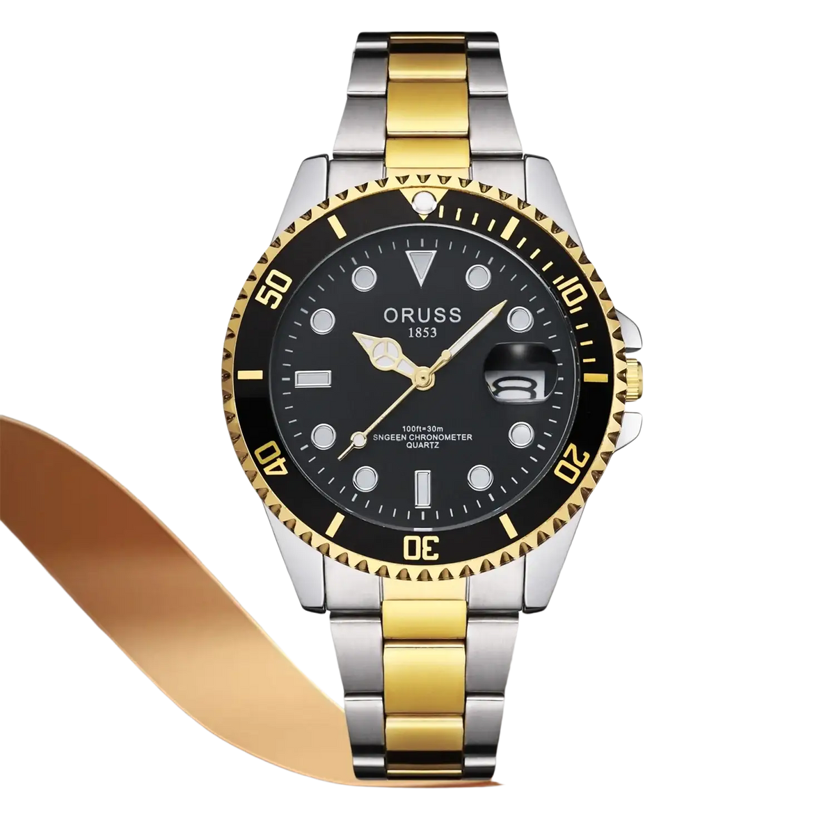 A sleek two tone stainless steel and gold quartz men watch with a black dial featuring the Oruss 1853 brand name