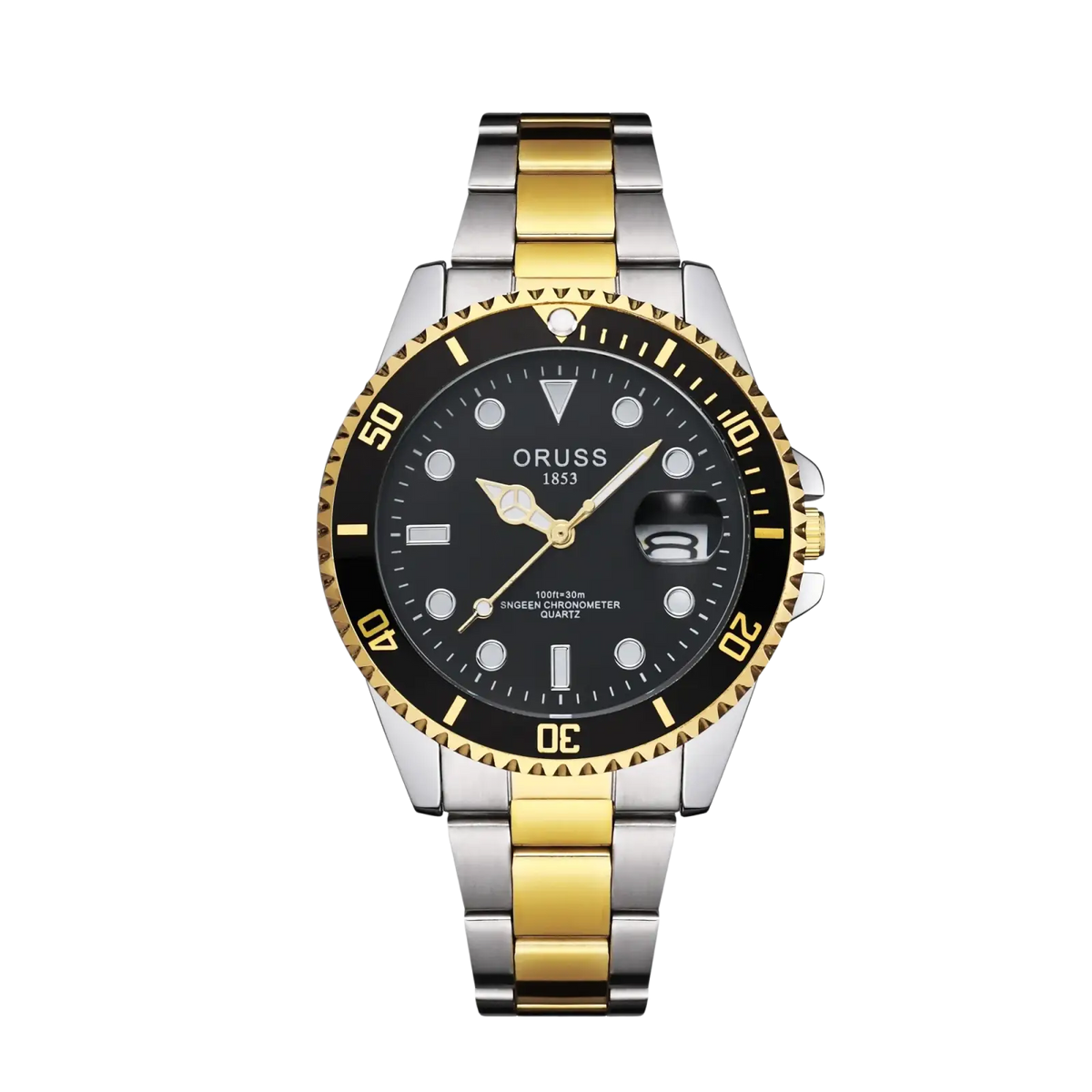 Oruss two tone stainless steel quartz men watch with black dial luminous markers and date window