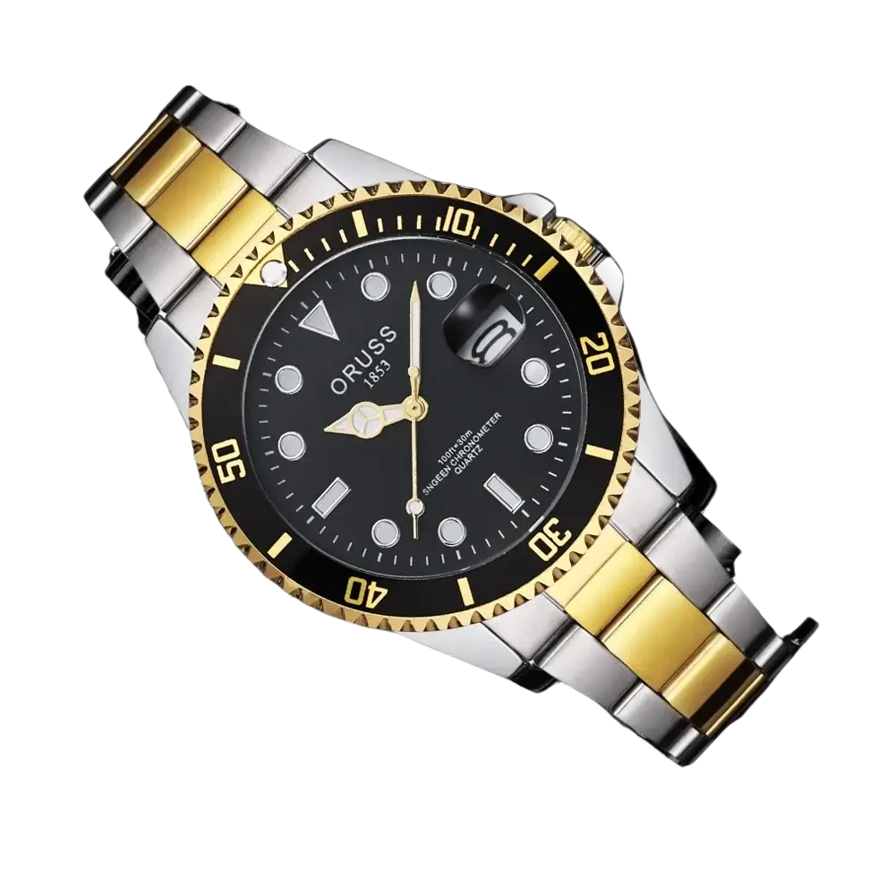 Oruss two tone stainless steel quartz men watch with a black dial white hour markers and yellow gold bezel
