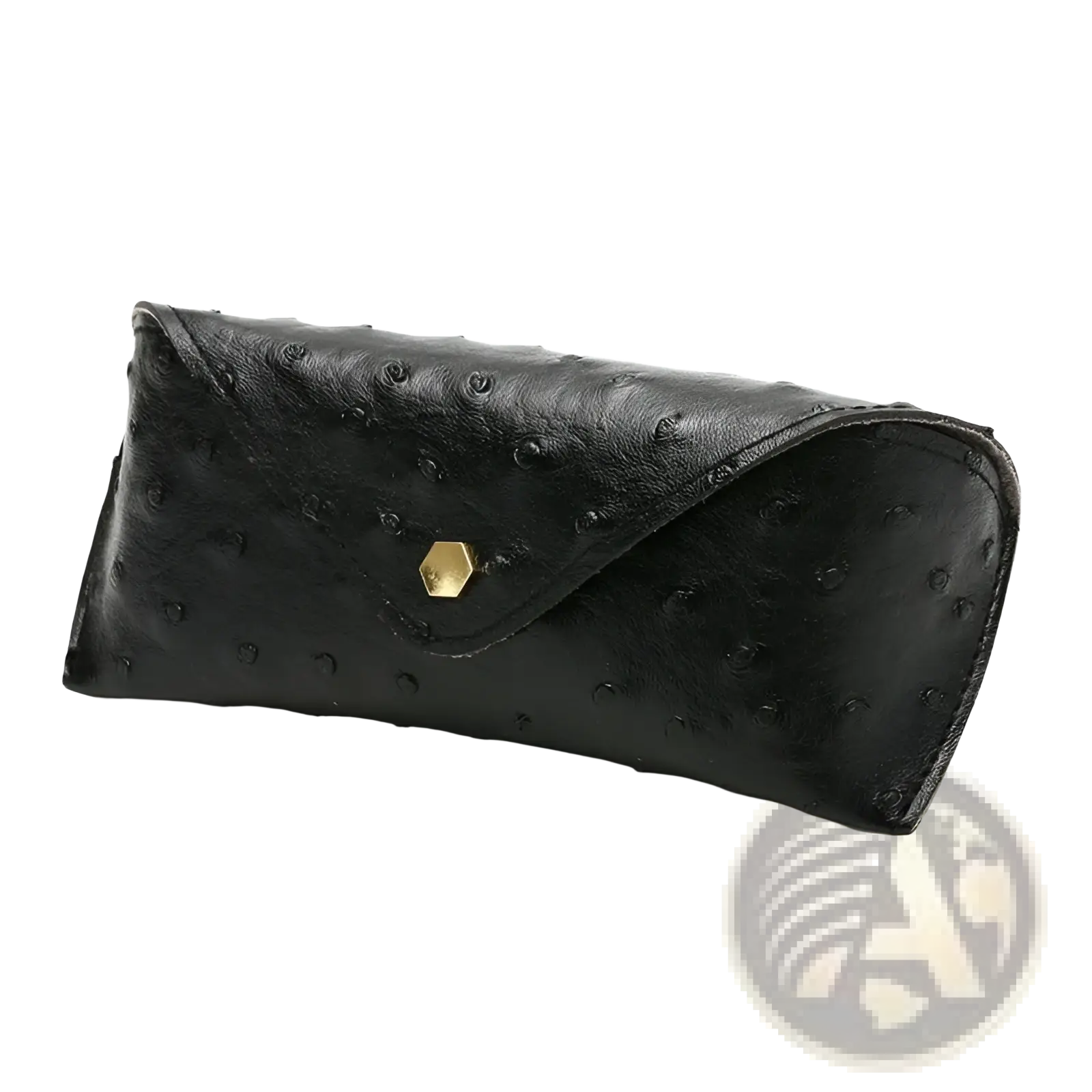 Black ostrich leather eyeglass case with gold hexagonal clasp designed for polka dot sunglasses