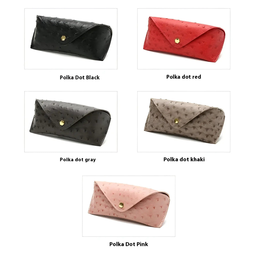 Ostrich leather polka dot sunglasses case with gold clasp in black, red, gray, khaki, or pink colors