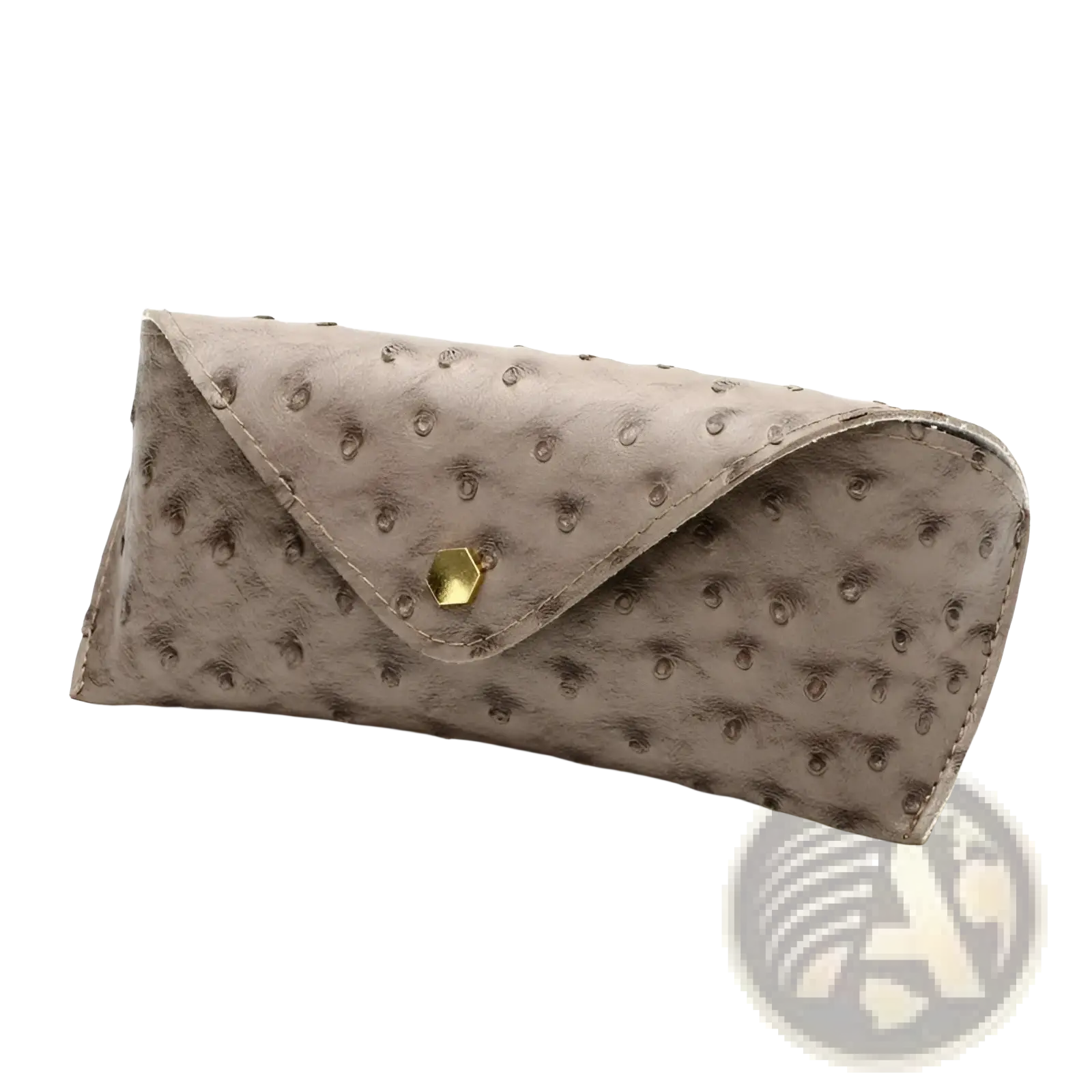 Beige ostrich leather polka dot sunglasses case with gold hexagonal clasp for stylish eyewear protection