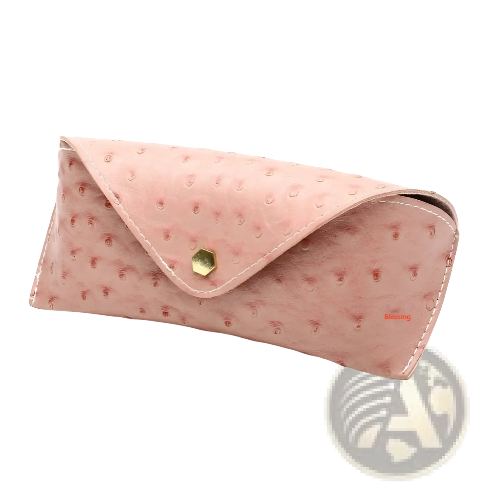 Pink ostrich leather polka dot sunglasses case with gold hexagonal clasp for stylish eyewear protection
