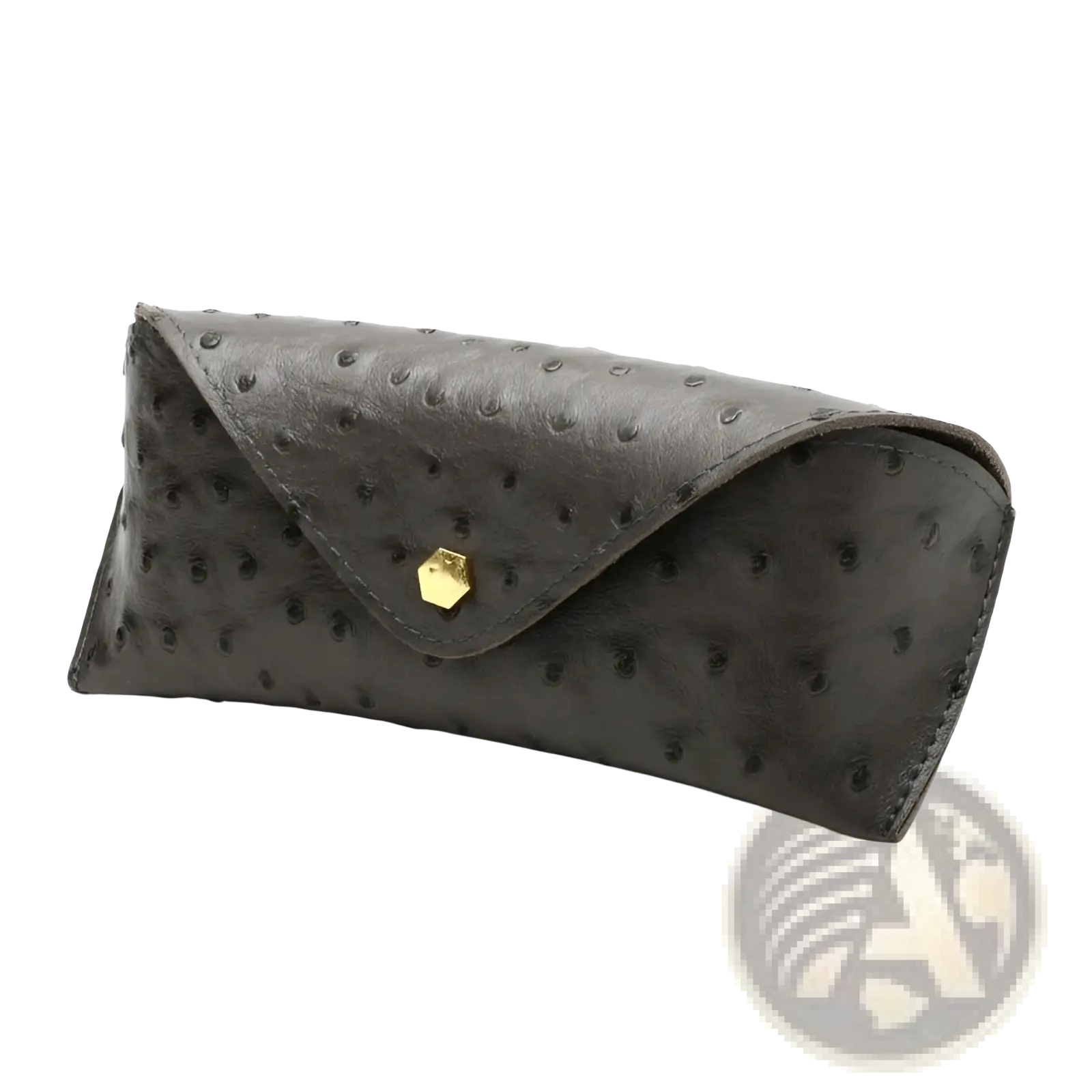 Black ostrich leather polka dot sunglasses case with gold hexagonal clasp for stylish protection