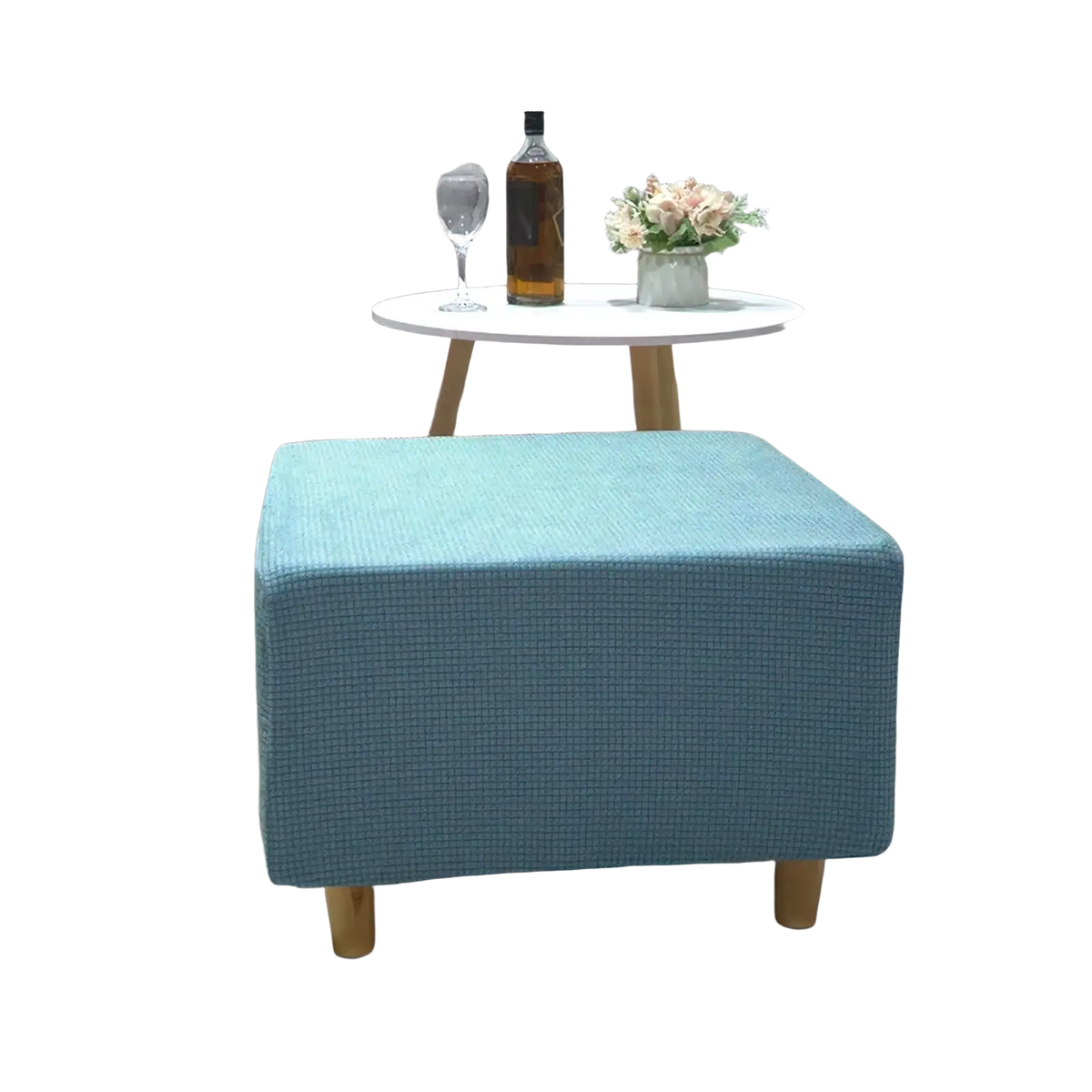 Blue textured fabric ottoman with wooden legs featuring a stretch elastic slipcover for footrest protection and style