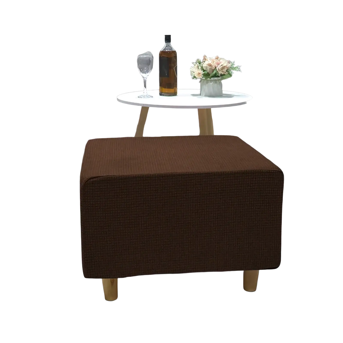 Brown textured fabric ottoman with light wood legs featuring a stretch elastic slipcover for footrest protection