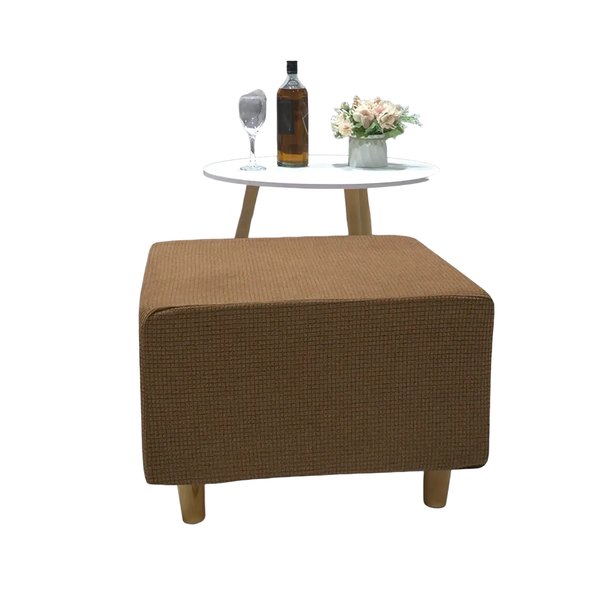 Brown textured fabric ottoman with wooden legs featuring a stretch elastic ottoman slipcover footrest cover