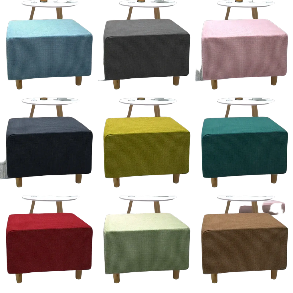 A collection of colorful fabric ottoman slipcover stretch elastic footrest covers in teal gray pink yellow red and green
