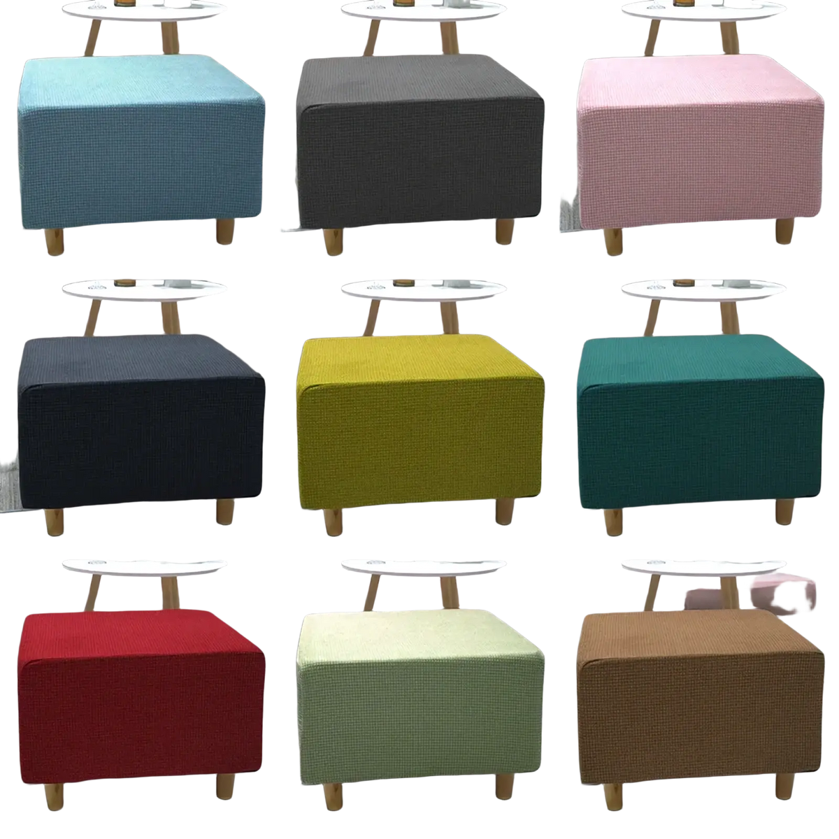 A collection of colorful fabric ottoman slipcover stretch elastic footrest covers in teal gray pink yellow red and green