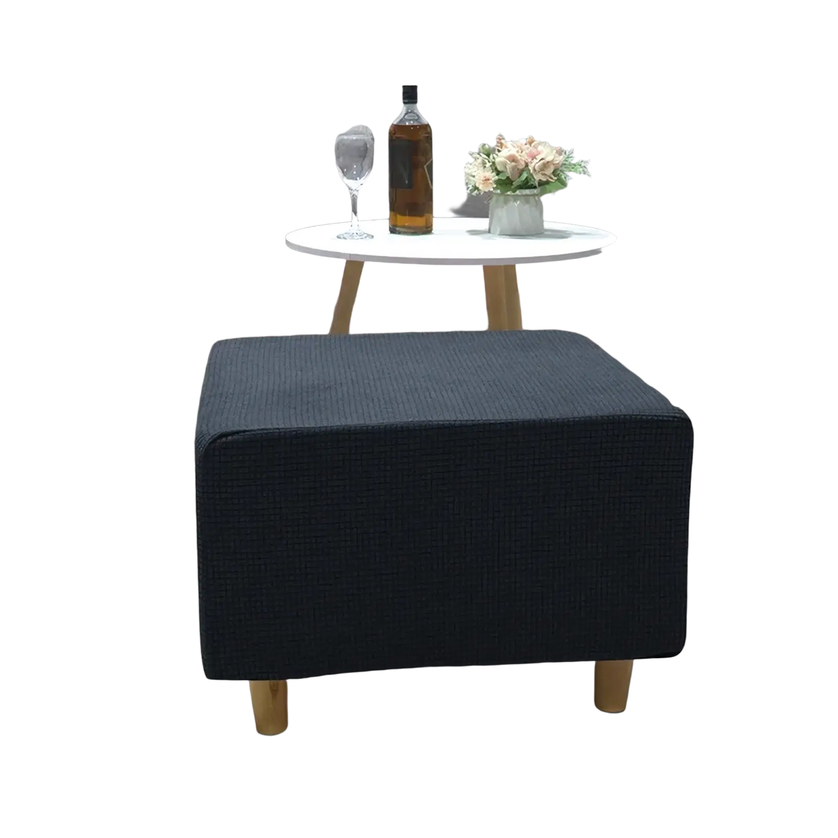 Navy blue textured fabric ottoman with light wood legs featuring a stretch elastic slipcover for footrest protection