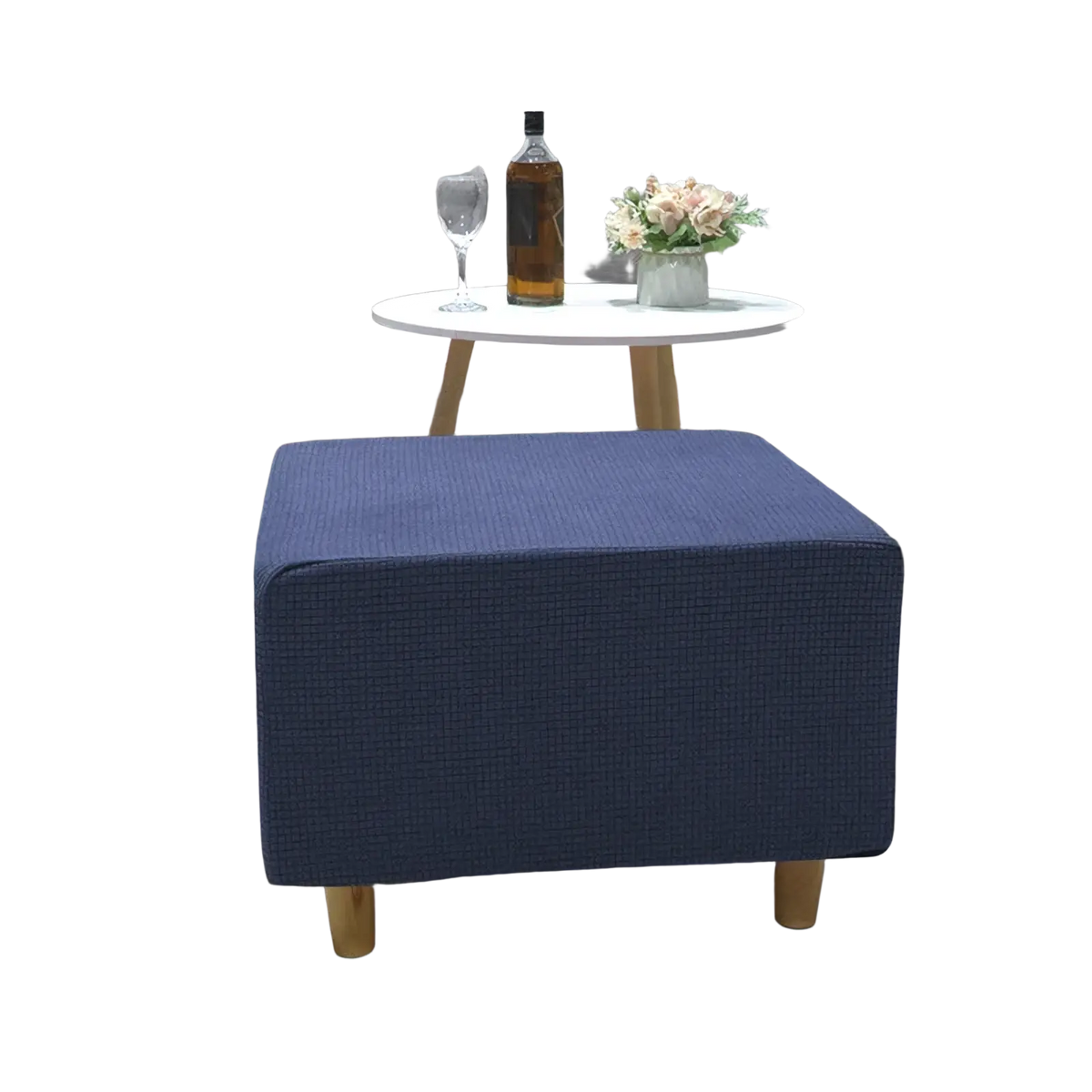 Navy blue textured fabric ottoman with stretch elastic slipcover and wooden legs for use as a footrest cover
