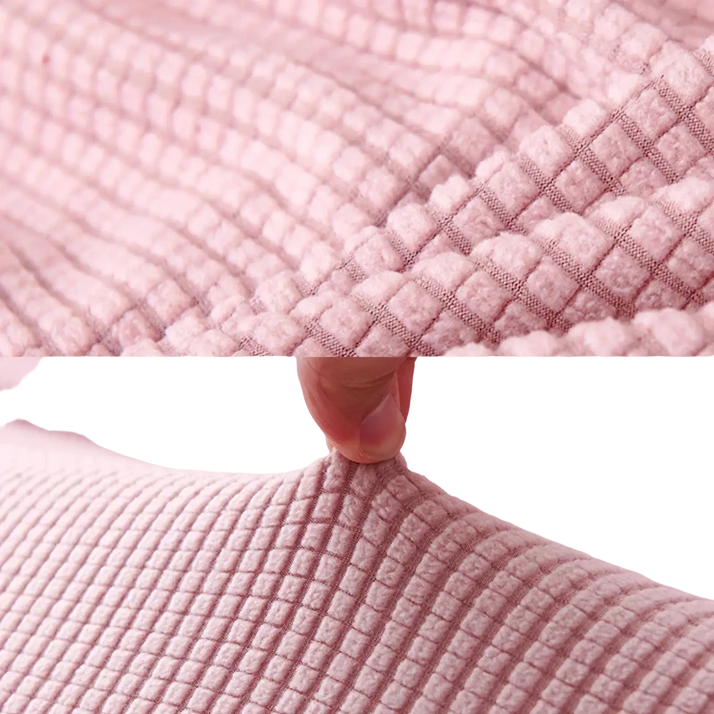 Pink textured ottoman slipcover with quilted grid pattern and stretchy elastic material for footrest protection