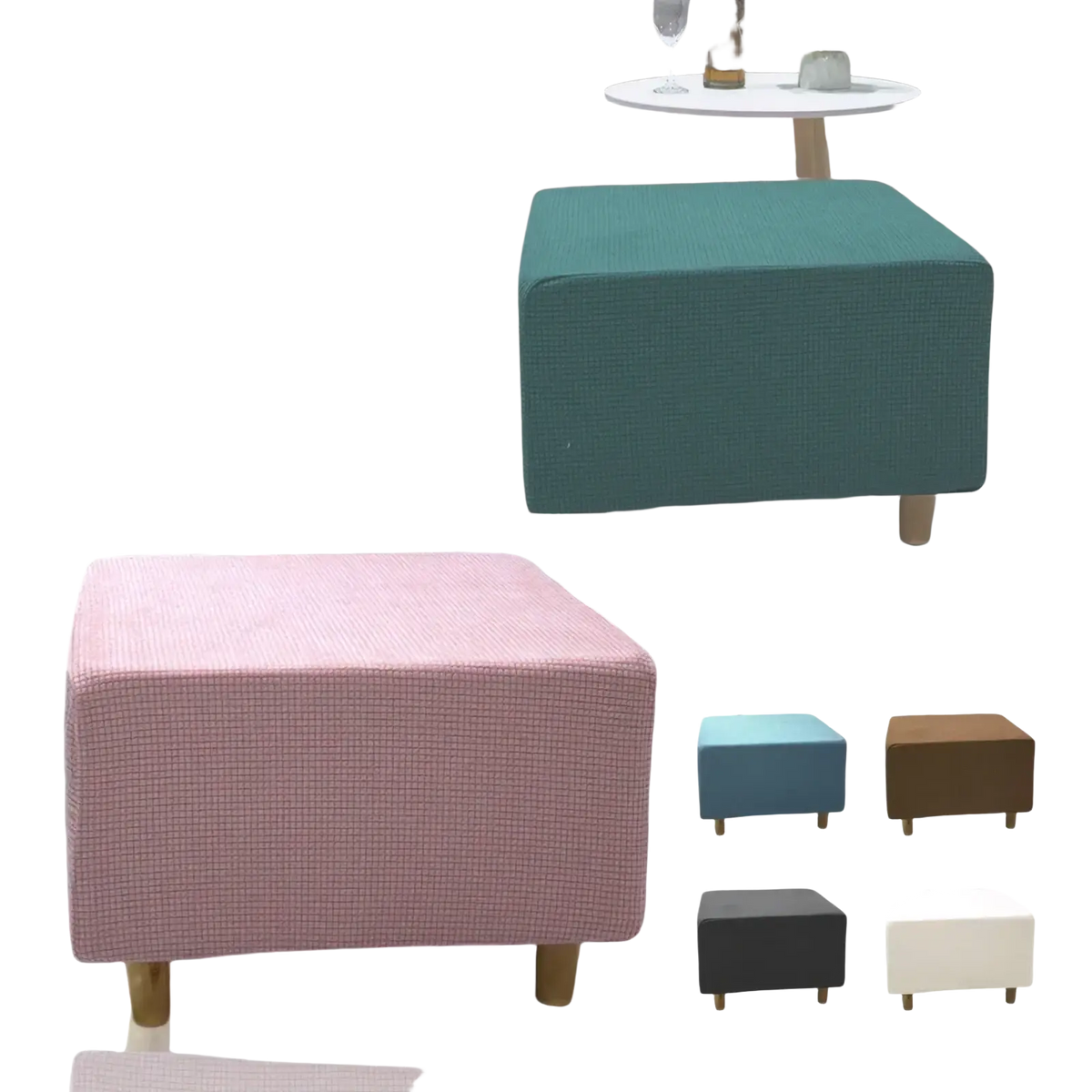Teal textured fabric ottoman slipcover with stretch elastic fit on wooden leg footrest cover
