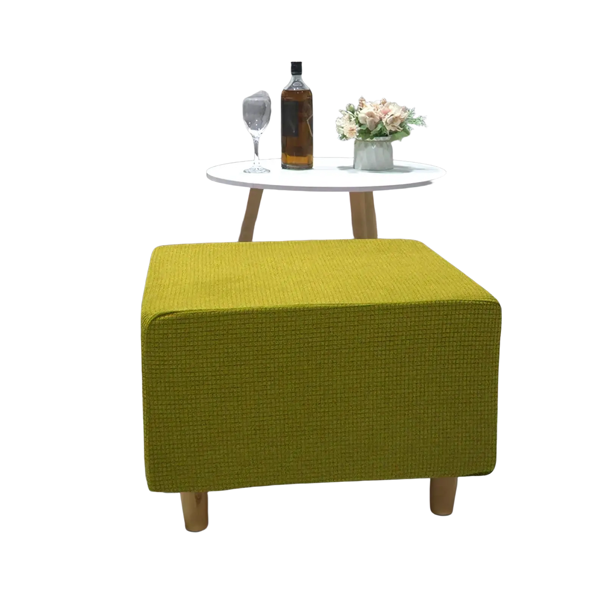 Vibrant olive-green ottoman slipcover with textured fabric stretch elastic footrest cover and light wooden legs