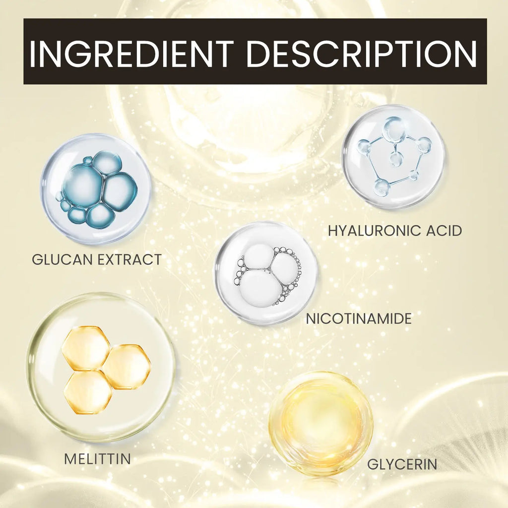 Five clear spheres show glucan extract blue bubbles hyaluronic acid molecules nicotinamide white spheres melittin gold hexagons gly in Ouhoe bee venom anti aging facial firming serum