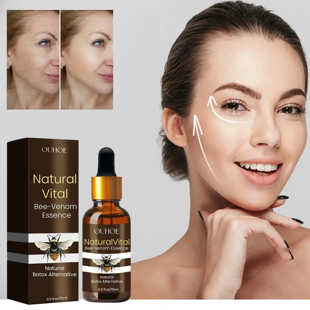 Ouhoe bee venom anti aging facial firming serum in amber glass bottle with gold dropper and dark brown bee-themed box
