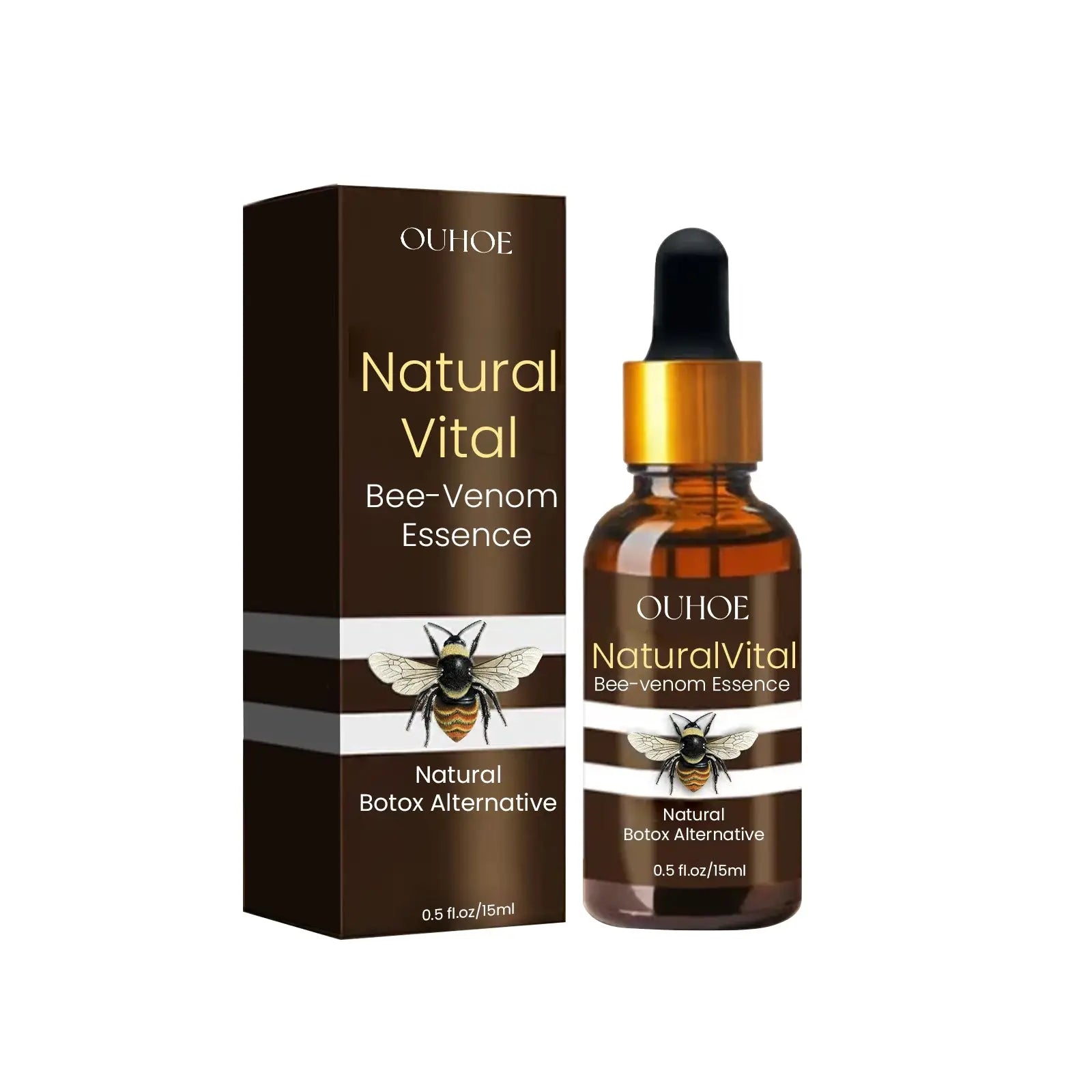 Ouhoe bee venom anti aging facial firming serum in amber glass dropper bottle with gold cap and bee-themed brown box