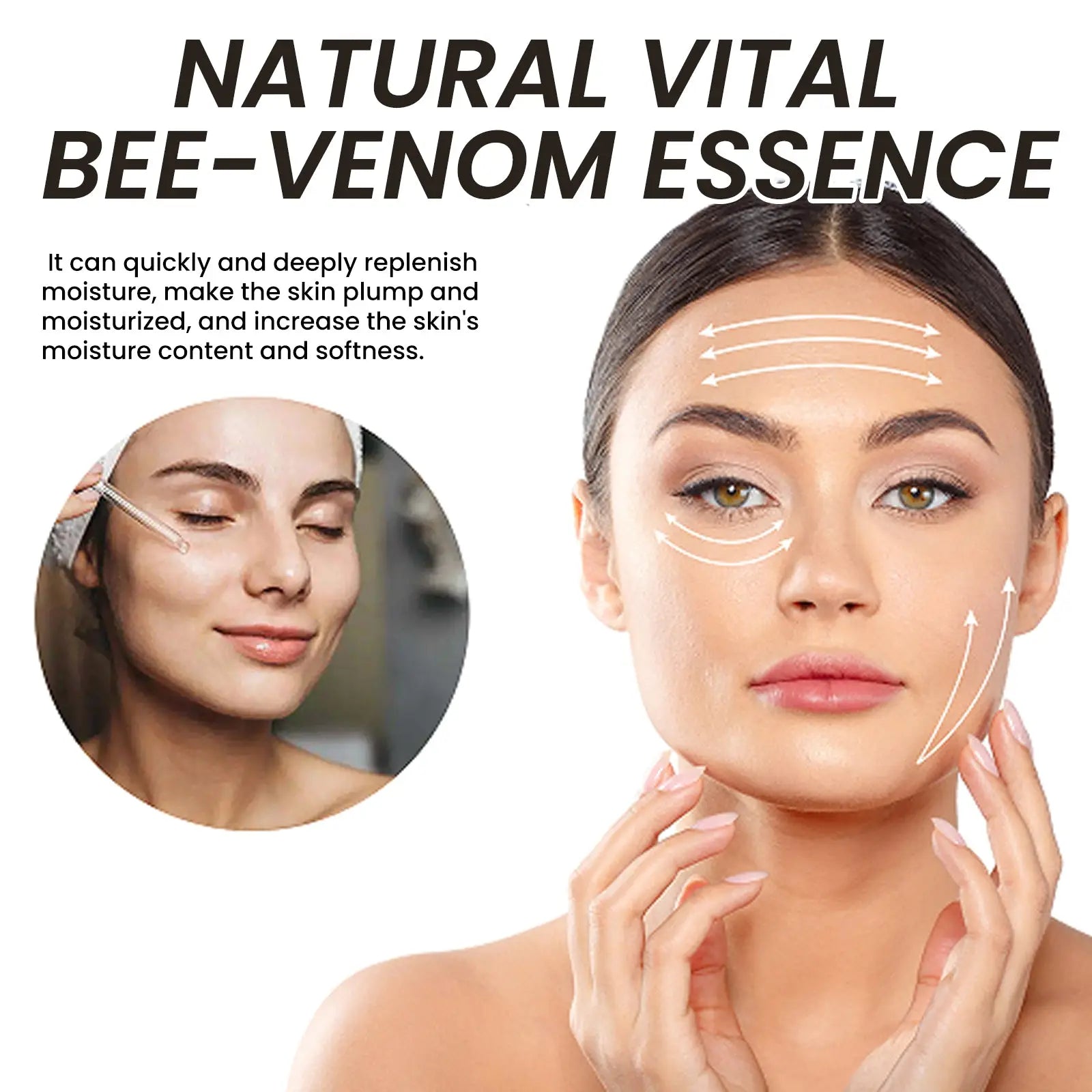 A woman with dark hair applies ouhoe bee venom anti aging facial firming serum highlighting moisturizing benefits