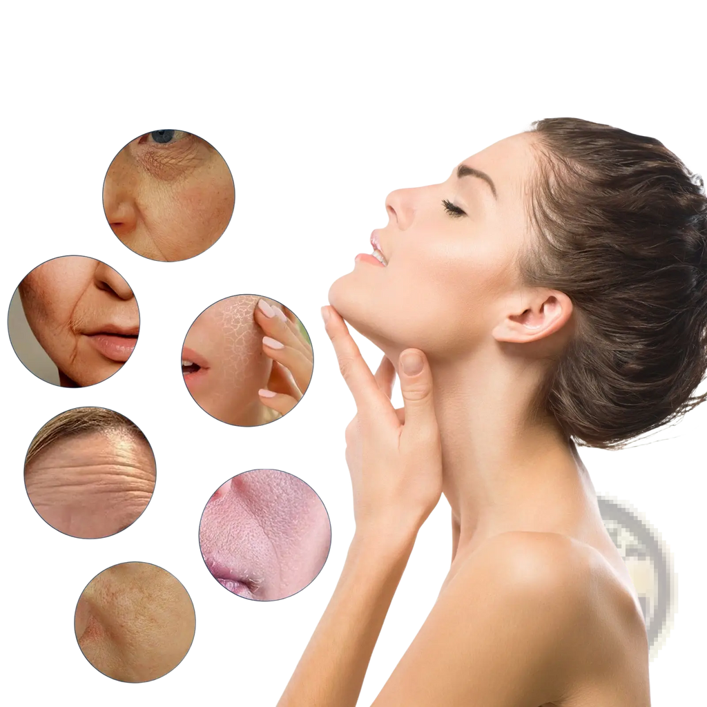 A woman with dark hair gently touches her neck showing aging effects using Ouhoe Bee Venom anti aging serum