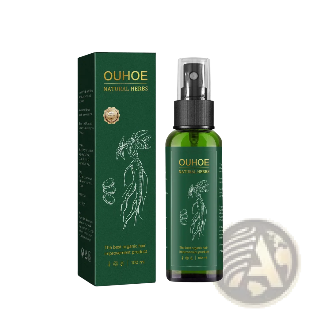 Green glass spray bottle with black pump labeled Ouhoe natural herbs next to matching box for hair growth serum spray