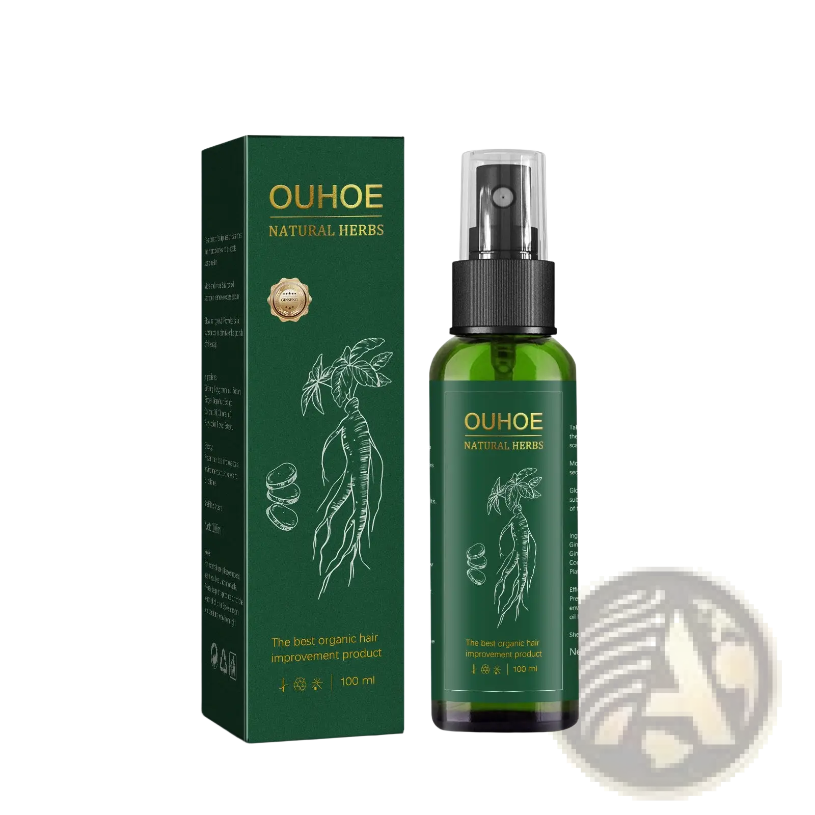 Green glass spray bottle with black pump labeled Ouhoe natural herbs next to matching box for hair growth serum spray