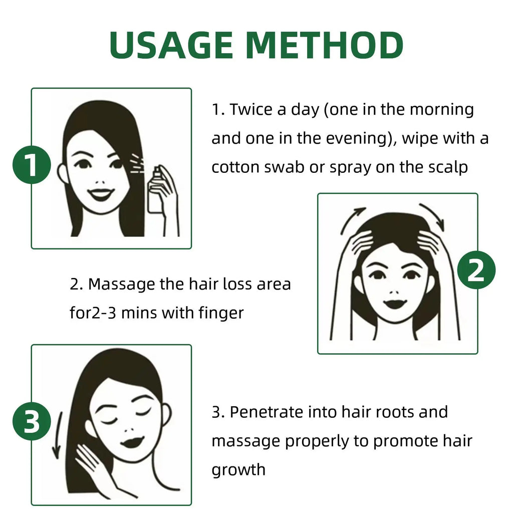 Step-by-step usage of ouhoe ginseng hair growth serum and scalp treatment spray using cotton swabs or spray and massage
