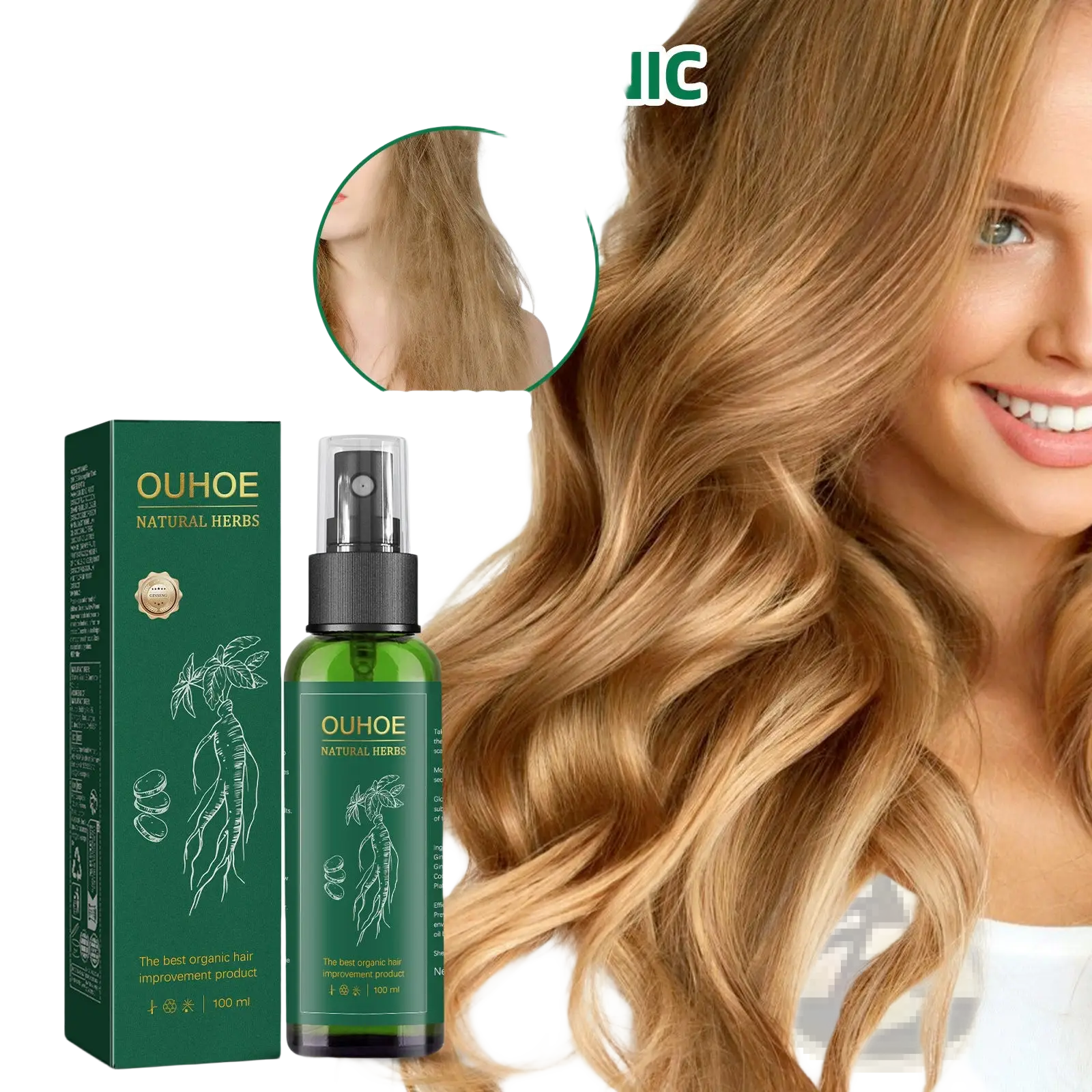 Green glass bottle of Ouhoe ginseng hair growth serum with black spray nozzle and matching green box with white botanicals
