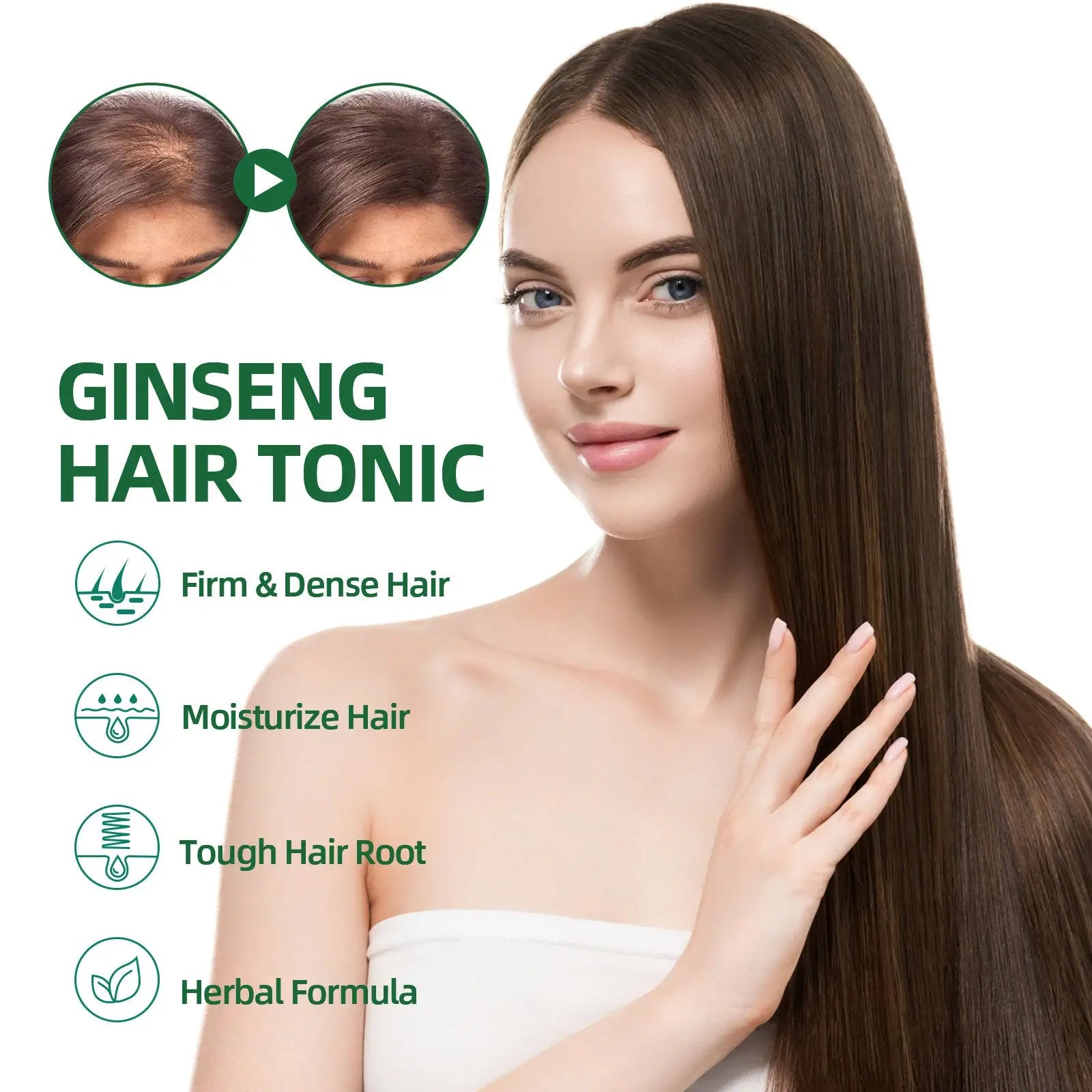 A woman with long dark brown hair wearing a white strapless top using ouhoe ginseng hair growth serum and scalp spray