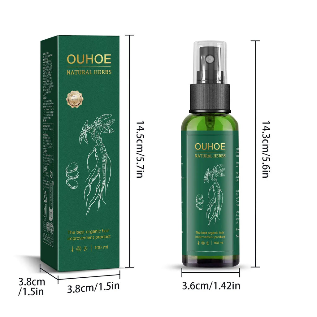 Green glass spray bottle with black pump labeled Ouhoe natural herbs for organic hair growth serum and scalp treatment