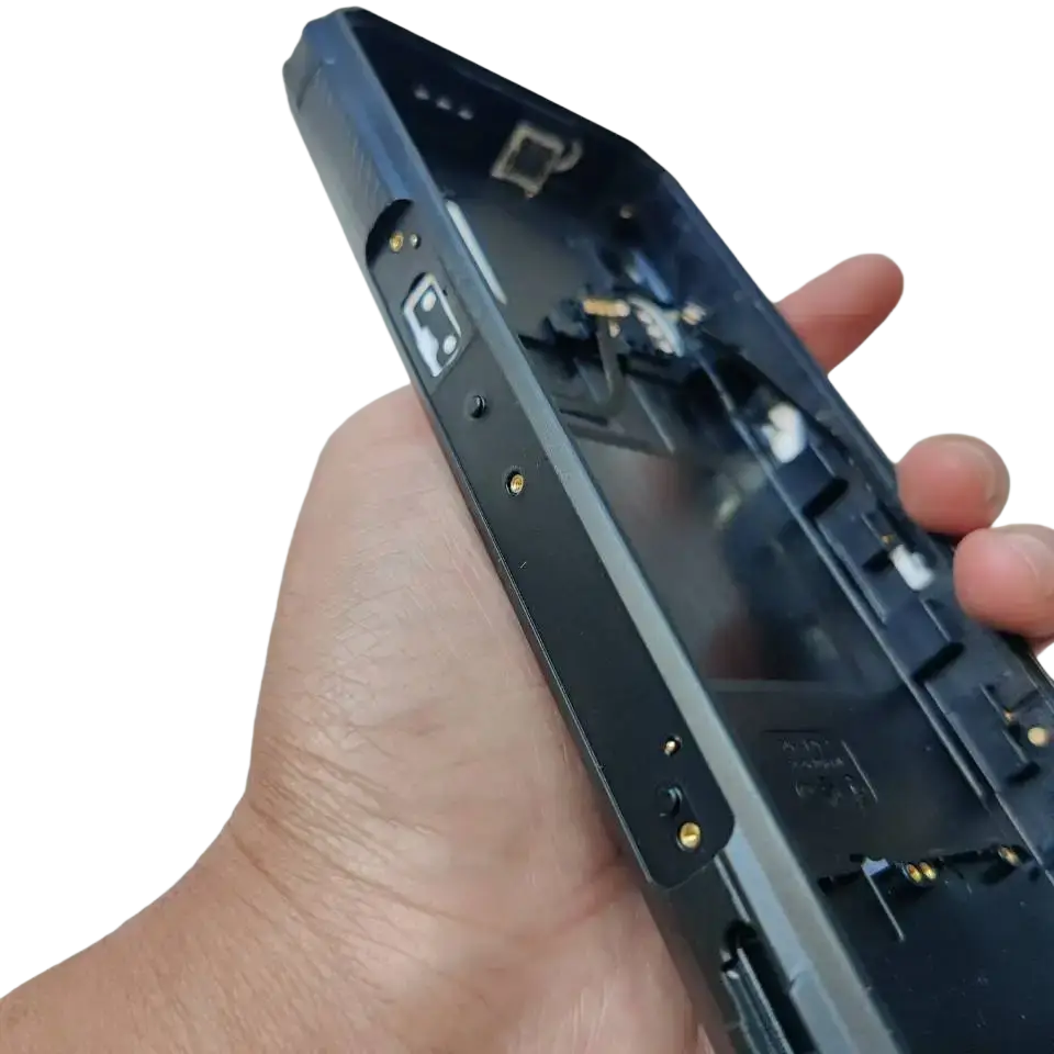 Black plastic back battery housing cover with internal components and gold screws for oukitel wp30 pro smartphone
