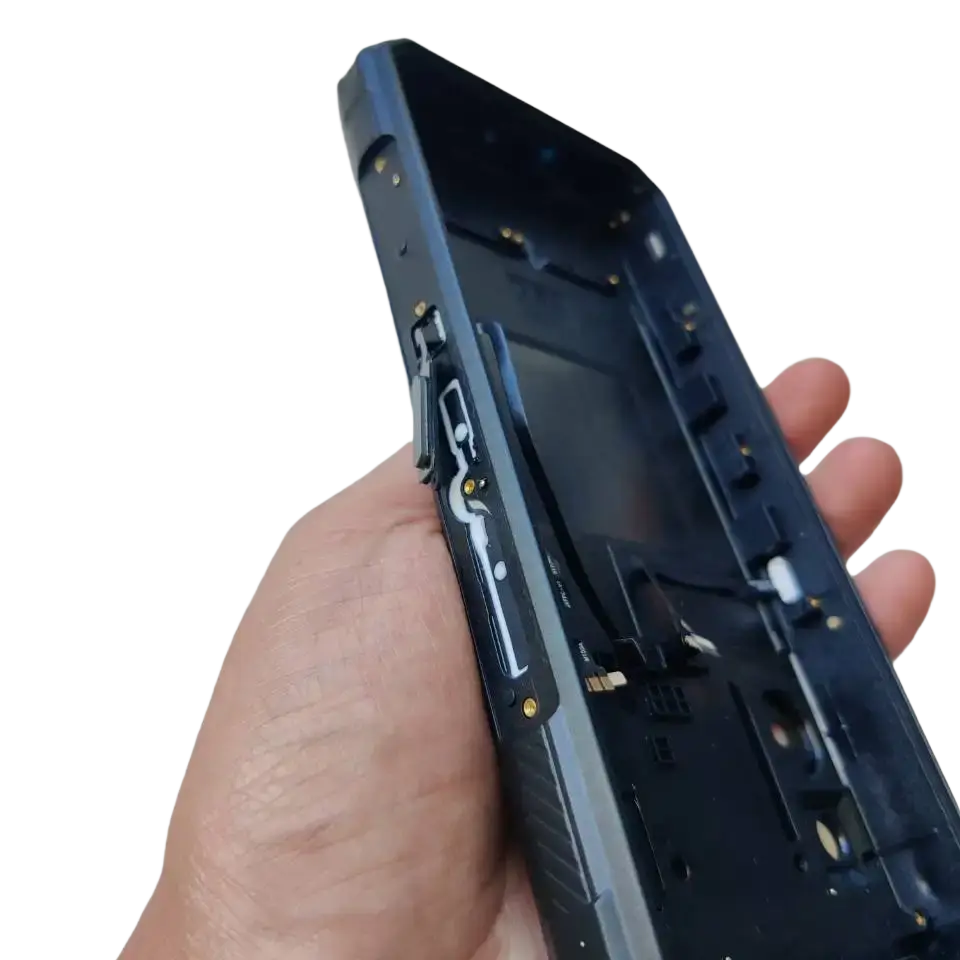 Black rugged oukitel wp30 pro smartphone back with reinforced edges and exposed internal battery housing cover