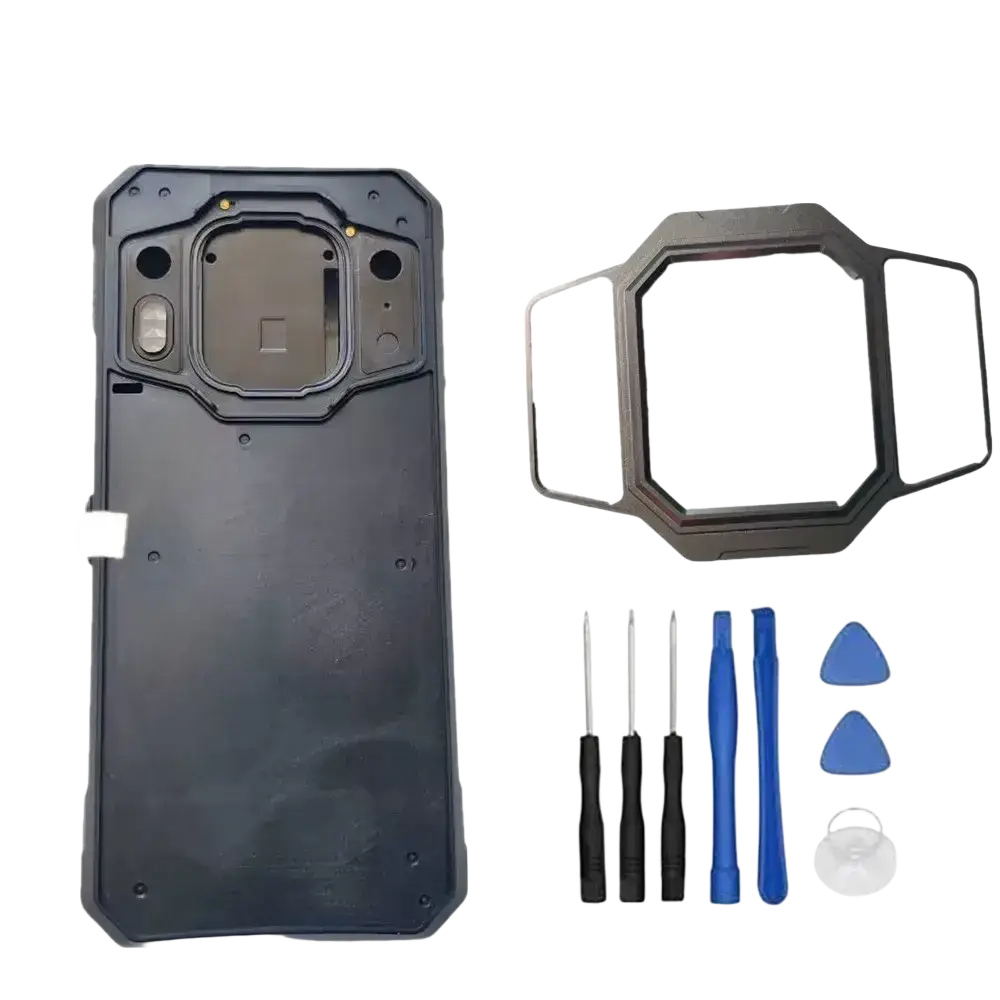 Black plastic oukitel wp30 pro replacement back cover case with octagonal camera cutout and repair tools shown