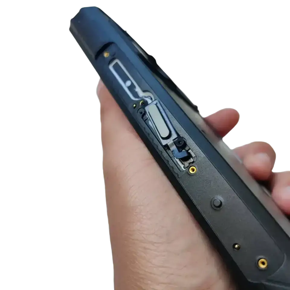 Black oukitel wp30 pro replacement back cover case showing rugged design with gold screws and internal hinge mechanism
